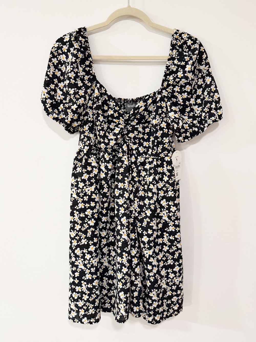 NWT Arula Black Floral Print Puff Sleeve Mini Dress Size XL